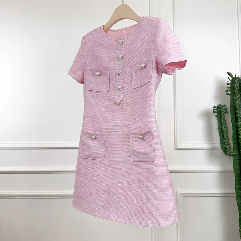 Summer New Small Fragrant Pink Short Dress Women Pearl Buckle Simple Sweet French O Neck Short Sleeve Tweed Dress Female