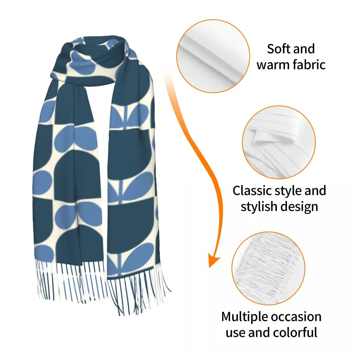 Custom Blue Block Flower Tassel Scarf Women Soft Orla Kiely Shawls Wraps Ladies Winter Fall Fashion Versatile Female Scarves