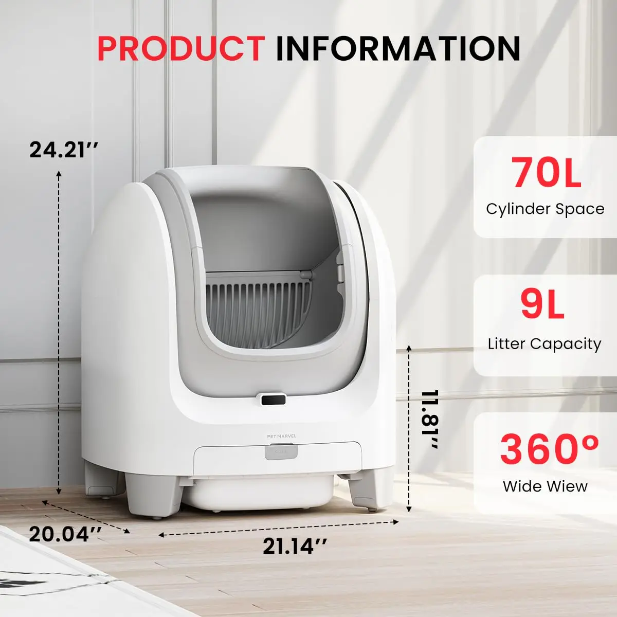 

Self-Cleaning Cat Litter Box, Large Open-Top 70L Automatic Litter Box for Multi-Cat Homes, App-Controlled, Infrared, Custom