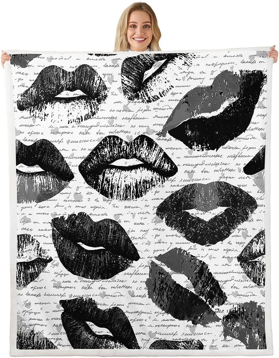 Флисовое одеяло Black Kiss для детей, для мальчиков и девочек, женственное одеяло из шерпа с красными губами, плюшевое пушистое одеяло с принтом губной помады, уютная теплая спальня Флисовое одеяло Black Kiss для детей, для мальчиков и девочек, женственное одеяло из шерпа с красными губами, плюшевое пушистое одеяло с принтом губной помады, уютная теплая спальня
