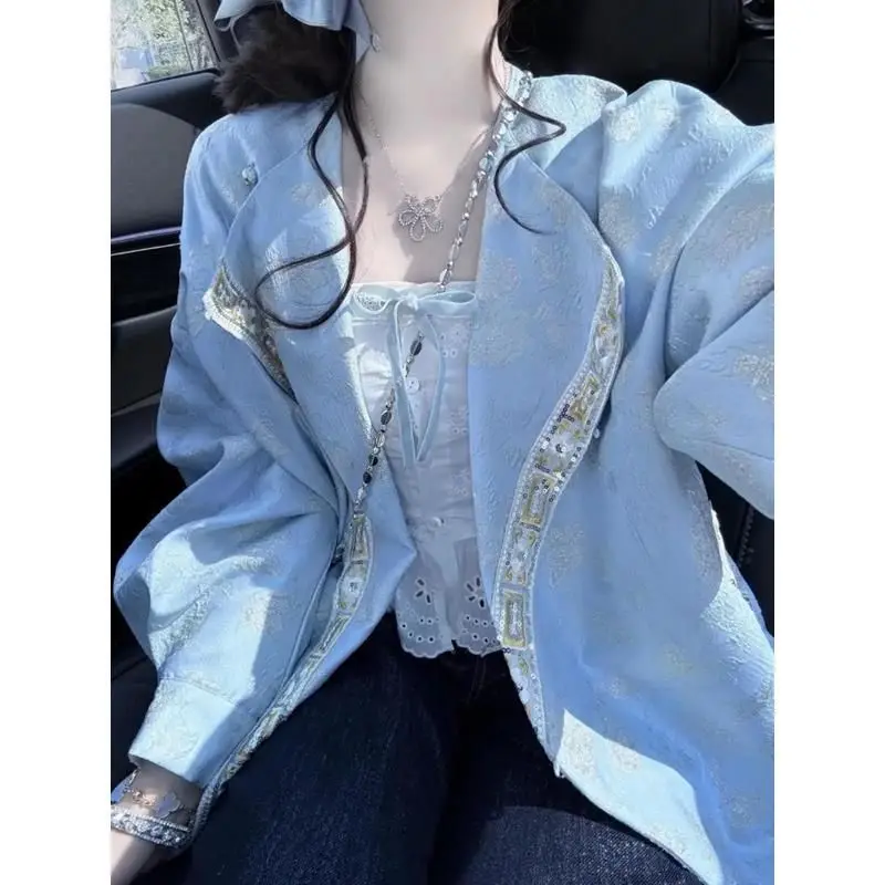 Heavy Industry National Style New Chinese Style Early Spring Lapel Jacket Skinny Women Unique Exquisite Blue High-end Jacquard