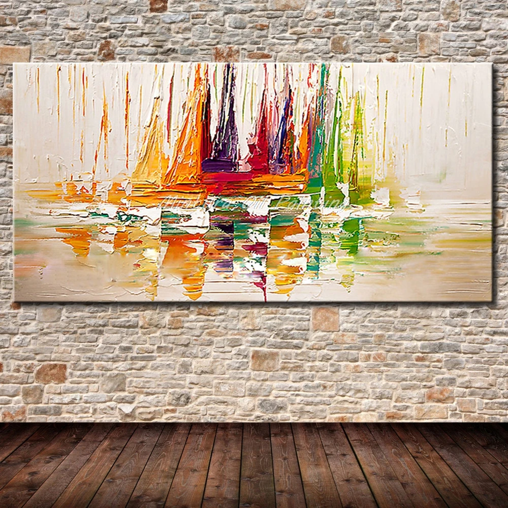 Mintura Yacht Ship Boats Sailing Hand-Painted Large Size Pictures Decoracion Canvas,Oil Paintings Wall Art Decor for Living Room