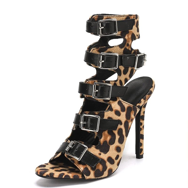Eilyken Fashion Design Leopard Print Belt Buckle Strap Women Boots Sandals Summer Peep Toe Thin High Heels Shoes