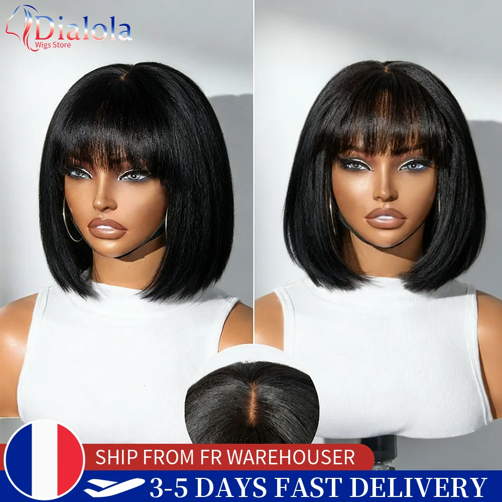 Perruques Lace Bob en cheveux humains lisses Dialola avec frange, raie au milieu, effet cuir chevelu réaliste, brésiliennes