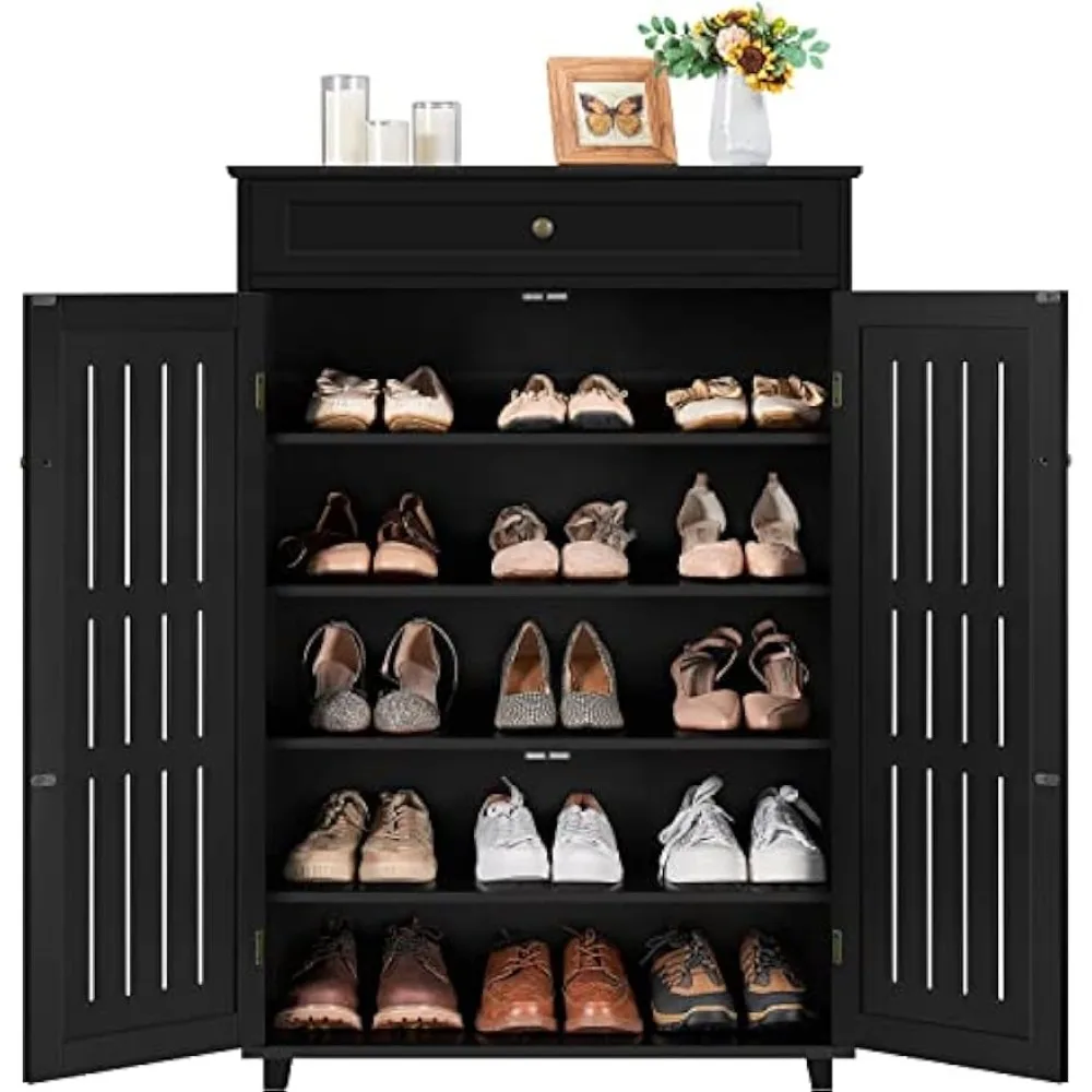 

Shoe Rack Storage Cabinet Shelf 5 Tier Adjustable Shoes Organizer with Drawer Louvered Door for Entryway Hallway Furniture