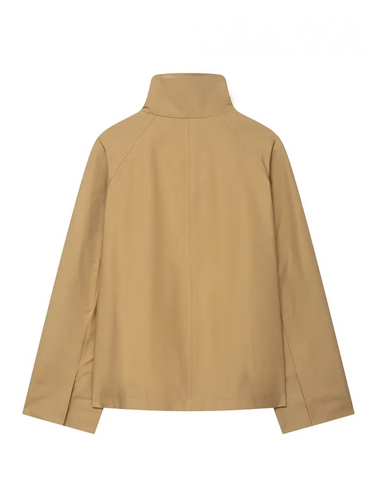 HH Women Elegant Short Windbreaker High Collar Loose High Street Coat 2025 Autumn Woman Fashion Asymmetric Buttons Jacket