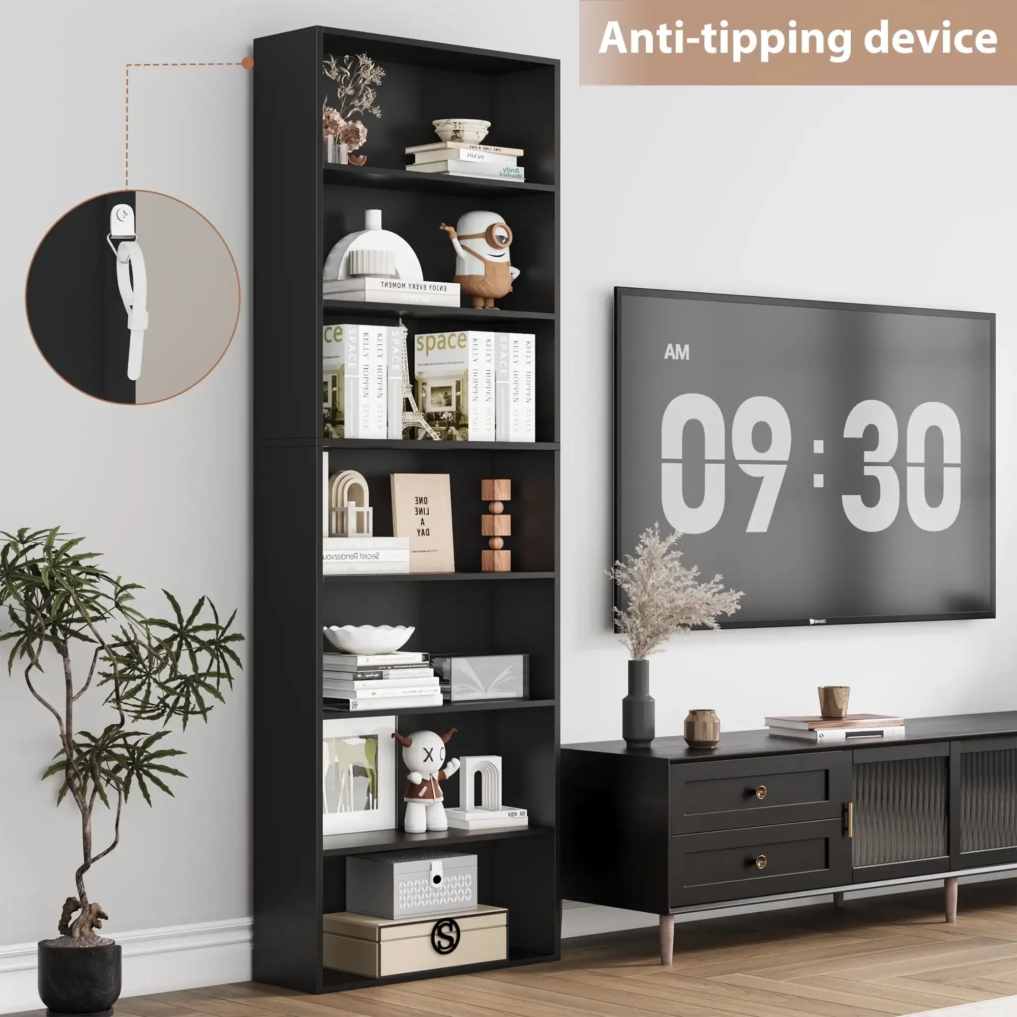 

7-Tier Bookshelves, Freestanding Display Storage Shelves, 82" Tall Bookcases for Bedroom, Living Room, Home Office, Black
