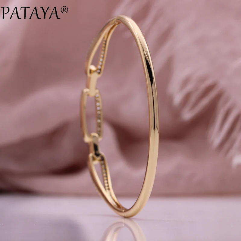 PATAYA New Romantic Women Luxury Bangles 585 Rose Gold Color Wedding Geometric Fashion Jewelry Natural Zircon Hollow Bangle