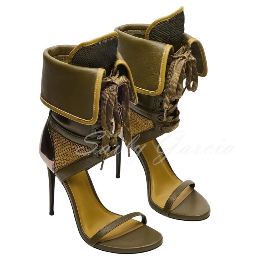 

Зеленые спортивные модельные сандалии на шпильке, женские сандалии с открытым носком, сетчатый высокий каблук, лоскутное платье с вырезом в Т-образном стиле, модная обувь для вечеринок