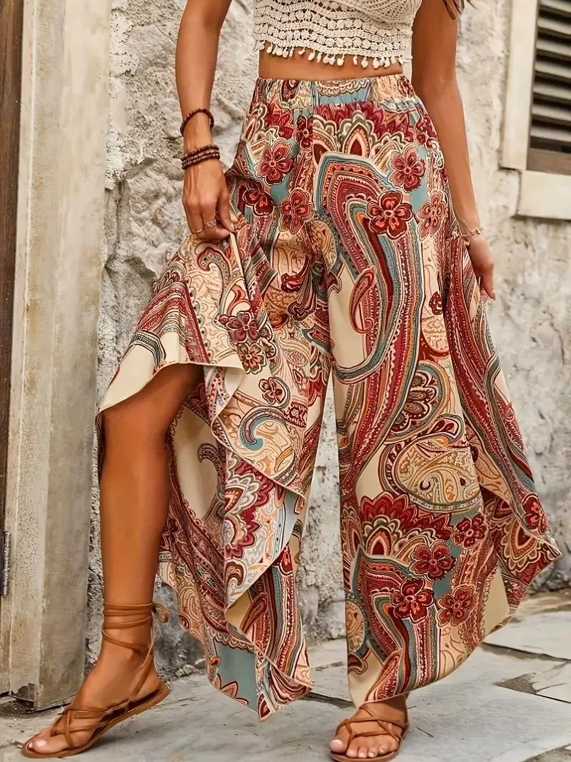 Gibsie Plus Size Bohemian Paisley Print Culottes Frauen Hosen Sommer Strand Urlaub elastische Taille lässig weites Bein Hosen