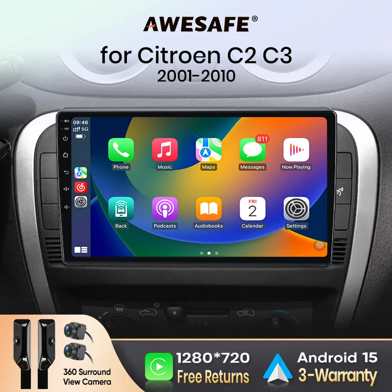 AWESAFE CarPlay sans fil Android Auto pour Citroën C2 (JM) / C3 Mk1 (FC) 2001-2010 Autoradio Lecteur multimédia Stéréo Wi-Fi Navigation GPS 2 Din Systèmes automobiles intelligents 1280*720 IPS Unité principale FM RDS DSP SWC BT Plug and Play ISO