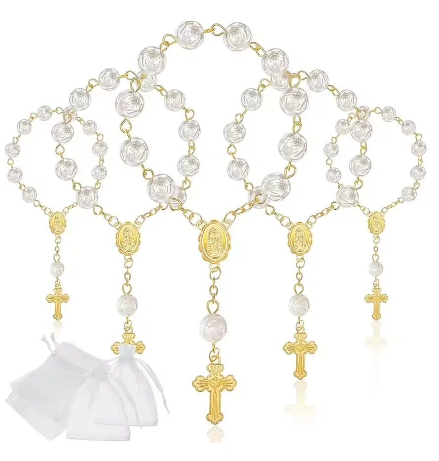 10Set Baptism Party Favors Mini Rosary Beads Faux Pearls with Organza Bags for Christening Weddings First Communion Party Favors