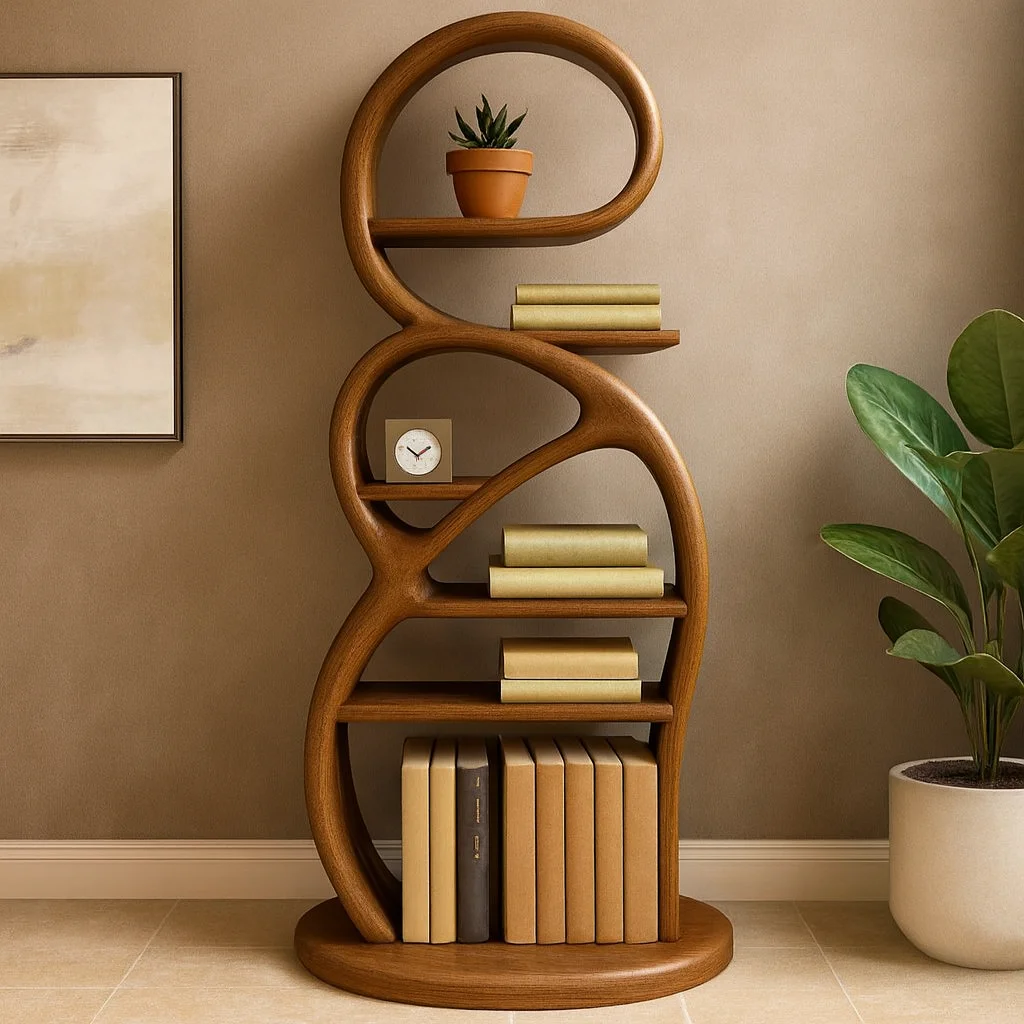 Modern sculptural wooden bookshelves with organic curves and flowing shelves for use in an art home library or a stylish