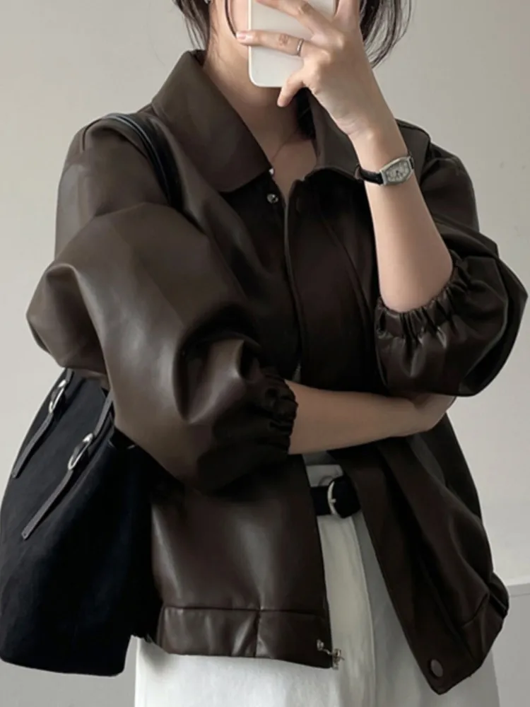 ريترو شيك بولي Leather الجلود السائق Jaet المرأة فضفاضة تناسب الياقات ort ملابس خارجية خمر Sle طويلة Sve سستة إغلاق معطف