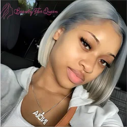 Grey Short Bob Lace Wigs Straight Lace Wigs Colored Sliver Gray Lace Wigs Brazilian Remy Hair Wig 150% Density Cheap