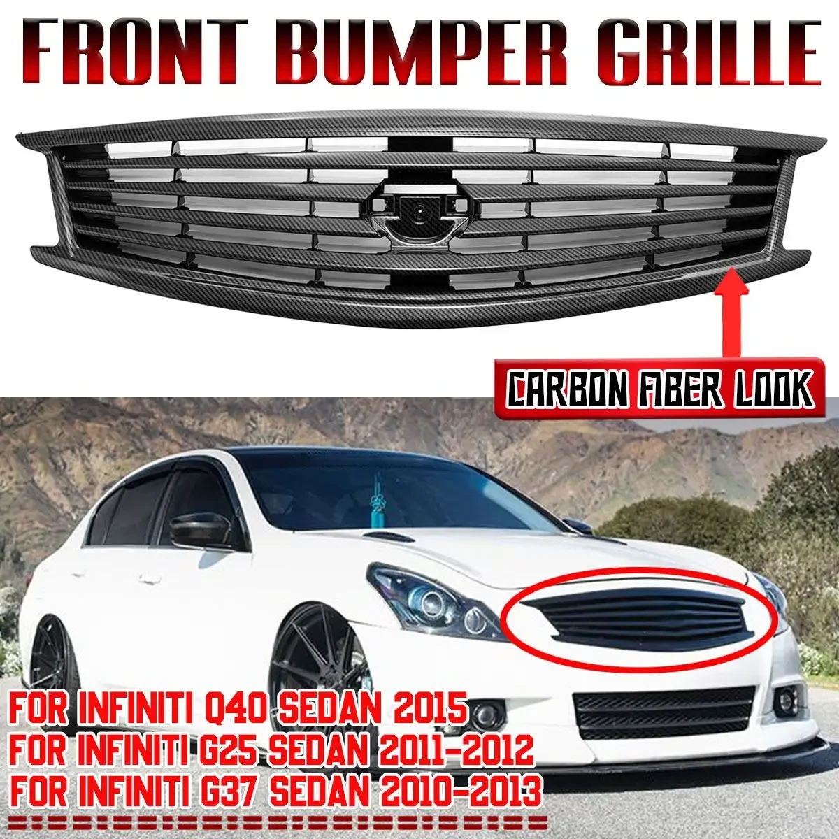 

Black/Carbon Fiber Look Front Bumper Grill Grille For Infiniti G37 2010-2013 G25 2011-2012 Q40 2015 4-Door Sedan Racing Grills