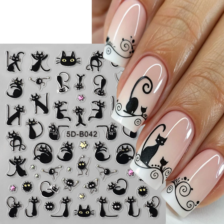 2 pezzi 3D adesivi per nail art gatto nero cartone animato adorabile gatto carino pane stella decalcomanie per unghie cursori di design decorazioni per nail art manicure