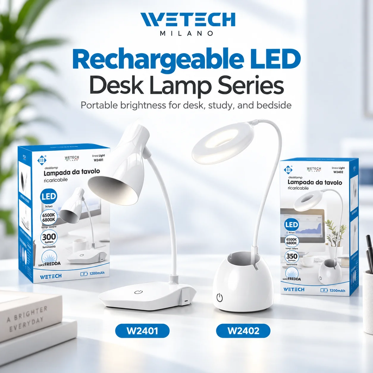 Serie di lampade da scrivania a LED ricaricabili WETECH, lampada da tavolo flessibile con braccio regolabile, batteria da 1200 mAh, illuminazione bianca fredda, due modelli (W2401 e W2402) per l’uso