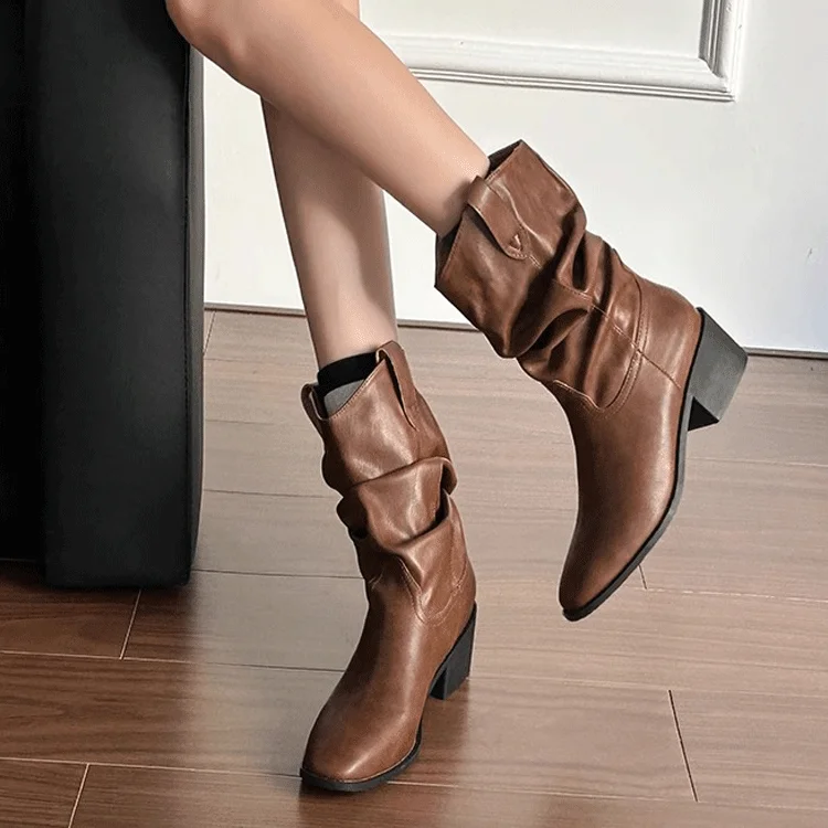 Female Western Boots Cowboy Boots Women Plested Women Ankle  Pu Leather Shoes Autumn Boots Women Booties Lady Plus Size 42