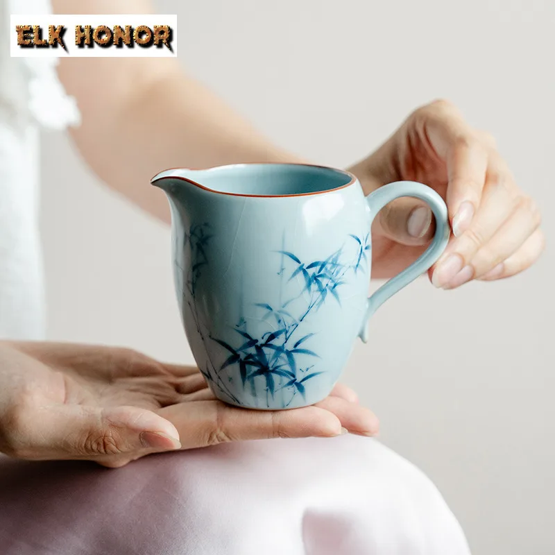 

260ml Ru Kiln Hand-painted Blue Bamboo Tea Pitcher Divide Tea Cha Hai Dispenser Justice Cup Fair Mug Drinkware Craft Accessories
