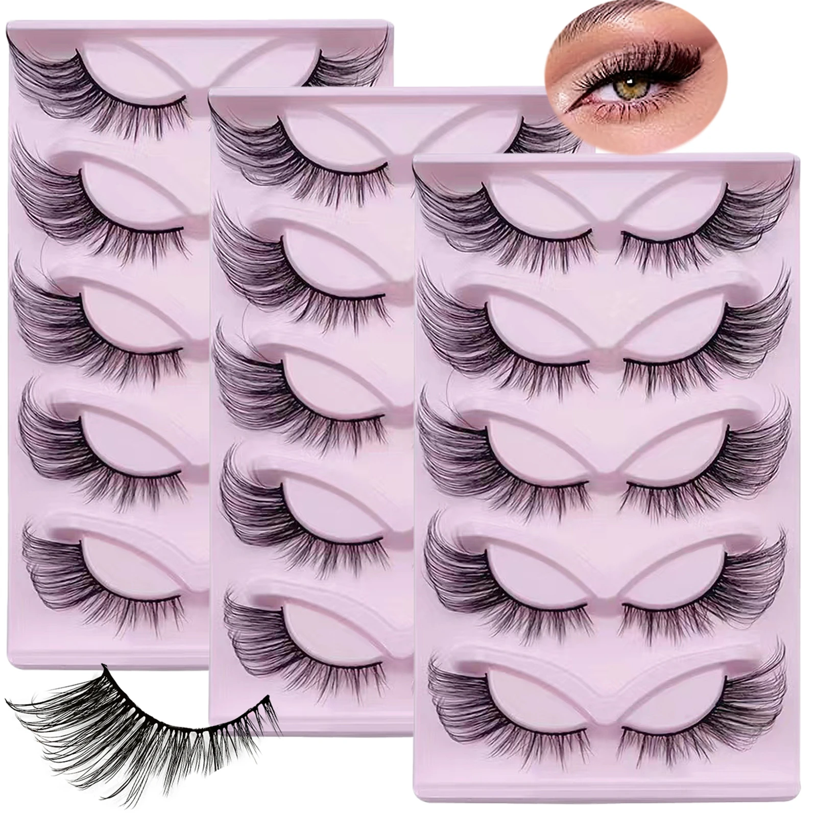 15Pairs/3Pack Cat Eye Lashes 18mm Wispy Fake Lashes Fluffy Cat Eye Lashes Extensions False Eyelashes