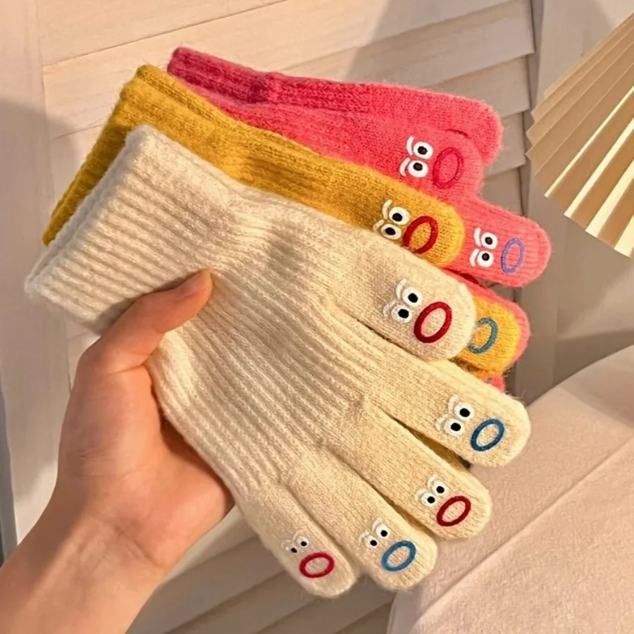 1pair of cute girls' big mouth gloves, five-finger wool knitted thickened thermal gloves, women's winter riding can touch screen