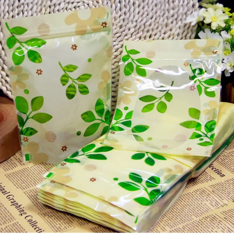

10Pcs Green Leaves Printed Transparent Window Ziplock Sealer Bags Dried Fruit Tea Food Packaging