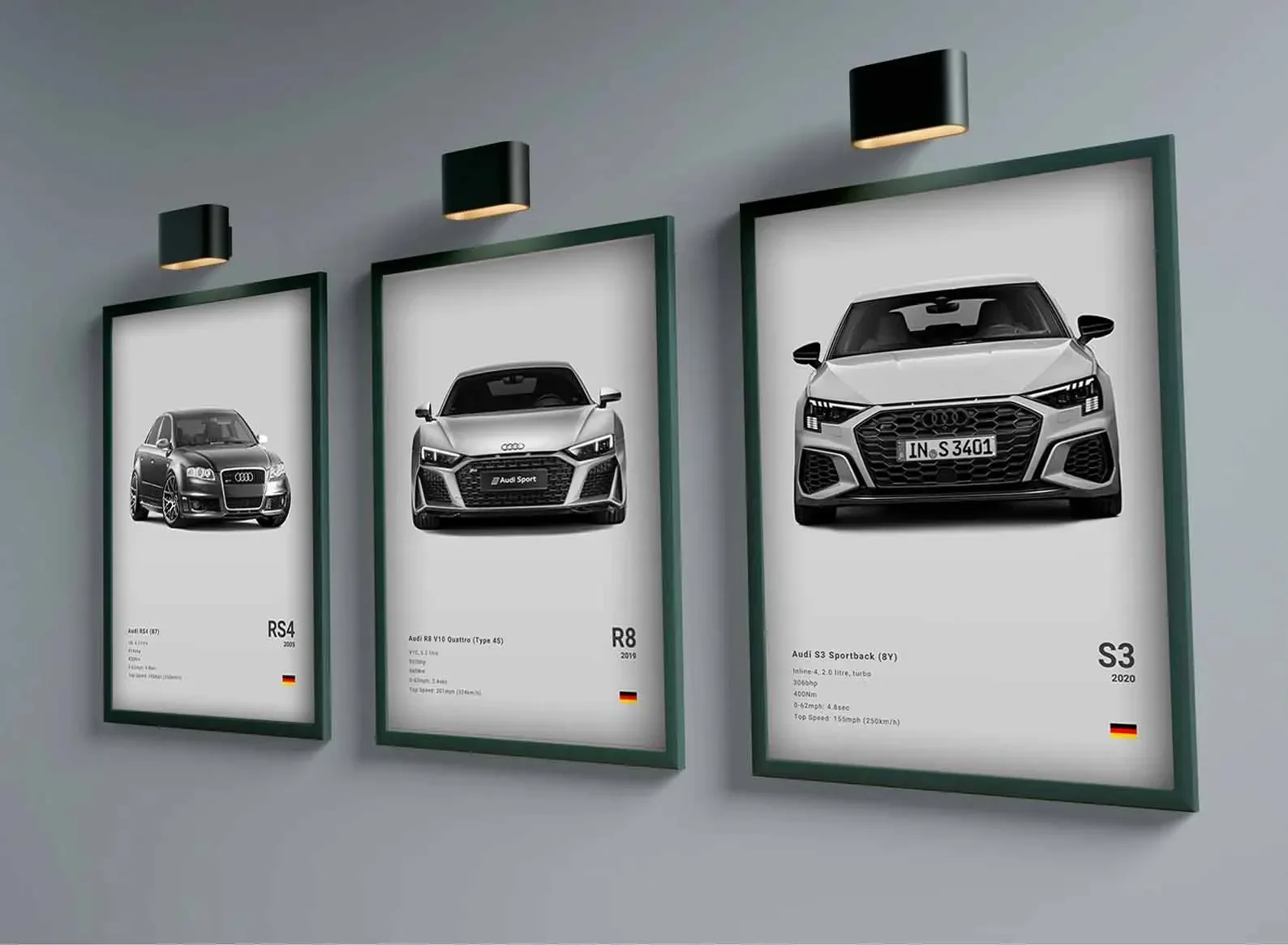 Frameless Pop German Cars Rs3 Car Photography Poster Aesthetic Luxury R8 C8 Supercar GTR SUV Canvas Print Wall Art Home Driver R