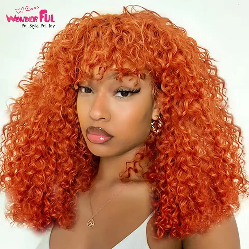 Orange Brazilian Jerry Curl Remy Human Hair Curly Wigs P4/27 Remy 99J Deep Water Curly Wigs With Bang For Black Women