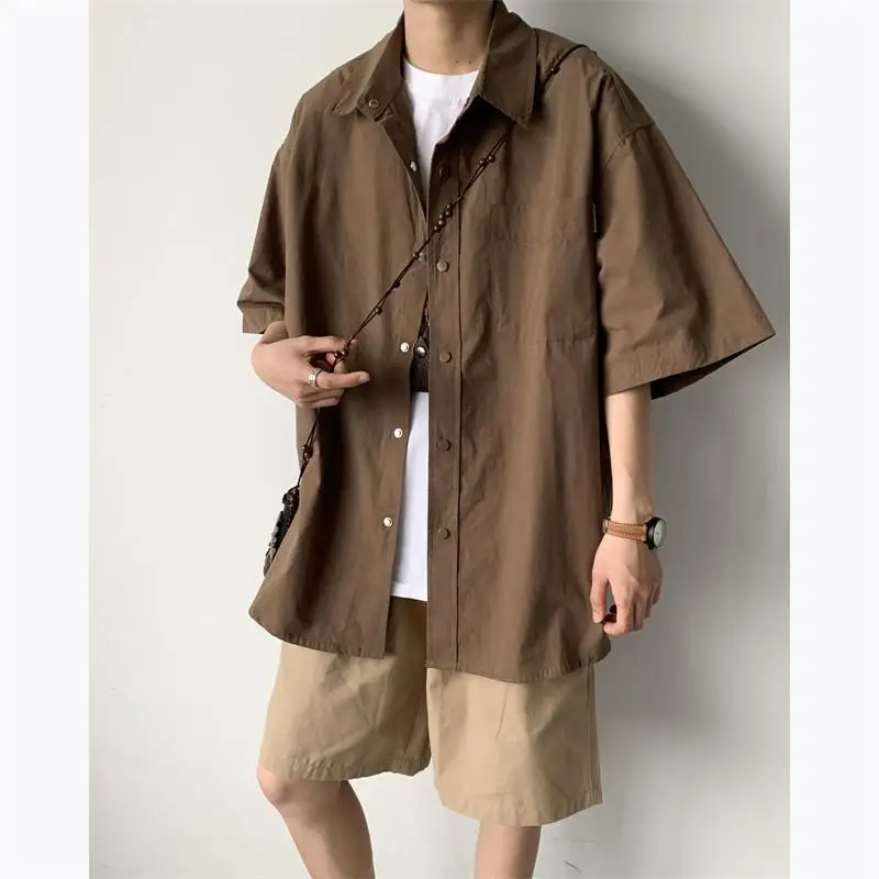 Retro American Khaki Short Sleeve Shirt Men Summer Thin Street Style Cityboy Half Sleeve Shirt Jacket Loose Fit Polyester