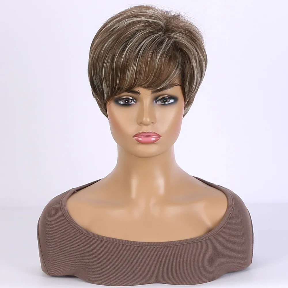 Peruca reta curta sintética com franja para mulheres, perucas castanhas misturadas naturais, fibra resistente ao calor, uso diário