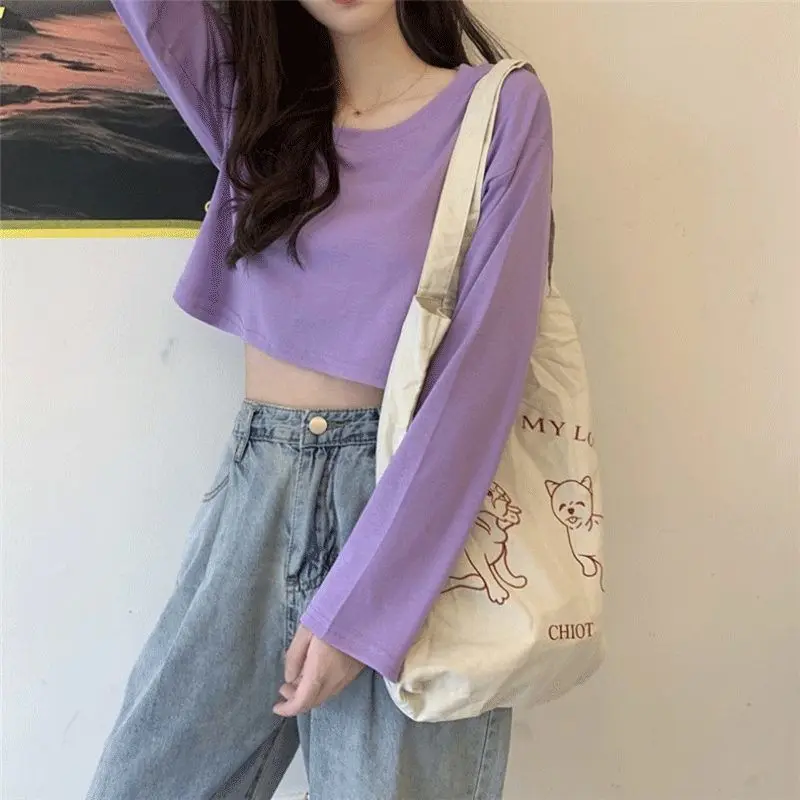 MEXZT Women Harajuku Simple Solid Color Cropped T-shirt Spring Fashion Loose All-match Tops Korean Students O-neck T-shirts New