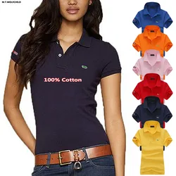 Camicia moda donna 100% cotone ricamo estivo-Logo Polo da donna t-Shirt manica corta marca Slim Ladies Polo abbigliamento Tee