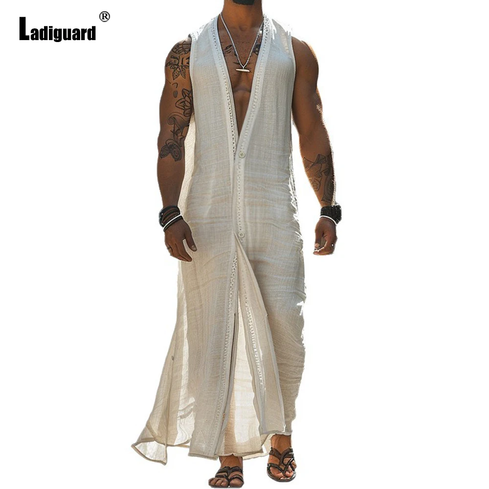 

Летний мужской кардиган 2026 с V-образным вырезом, дышащий, длинный, винтажный, без рукавов, белый, мусульманский халат, повседневный, однотонный, свободный, джубба, тобе