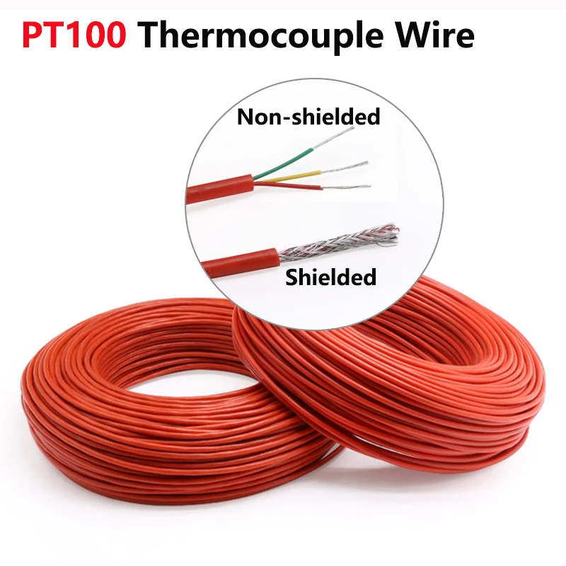 

3 Cores PT100 Thermocouple Wire Silicone OD 4.5mm PTFE Insulated Tinned Copper Stainless Steel Shielded Compensation Cable Red