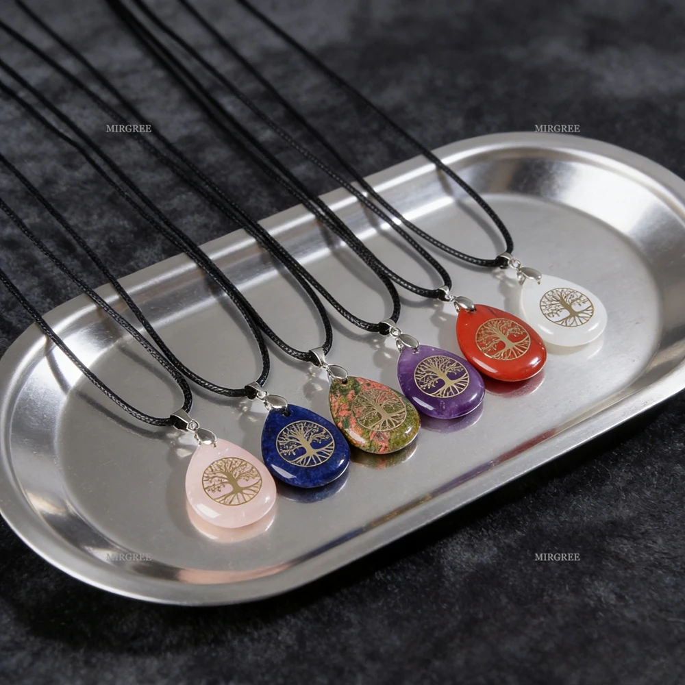 1/2/3 قطعة مزيج وتطابق الأحجار الكريمة الطبيعية قطرة على شكل شجرة الحياة قلادة قلادة ، عيد ميلاد هدية للذكرى السنوية مجوهرات