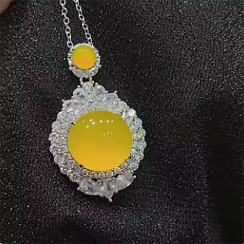 Wholesale Silver Plated Inlaid Ice-like Blue Chalcedony Big Diamond Pendant Yellow Agate Women's Necklace