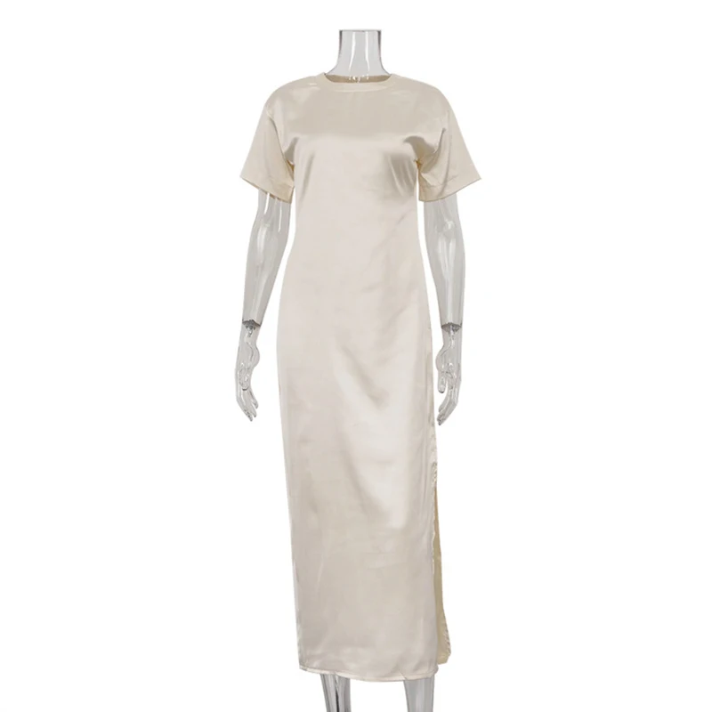 فساتين أنيقة من الساتان بفتحة مستقيمة للربيع للنساء برقبة دائرية وأكمام قصيرة فستان متوسط صيفي عالي الخصر بلوفر بطول الركبة #6