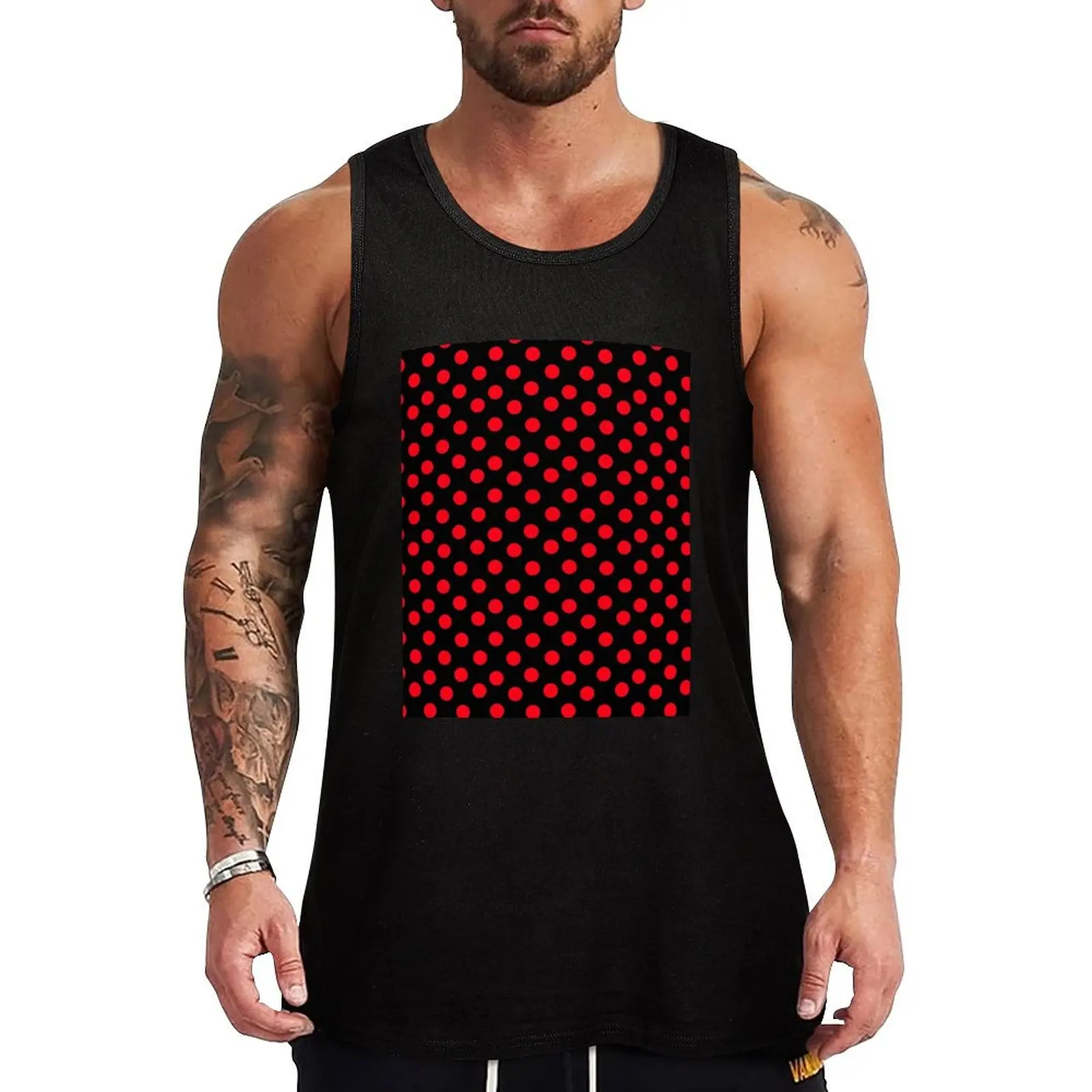 

Red on Black Polka Dots Tank Top fitness clothing for men sleeveless man shirts bodybuilding men