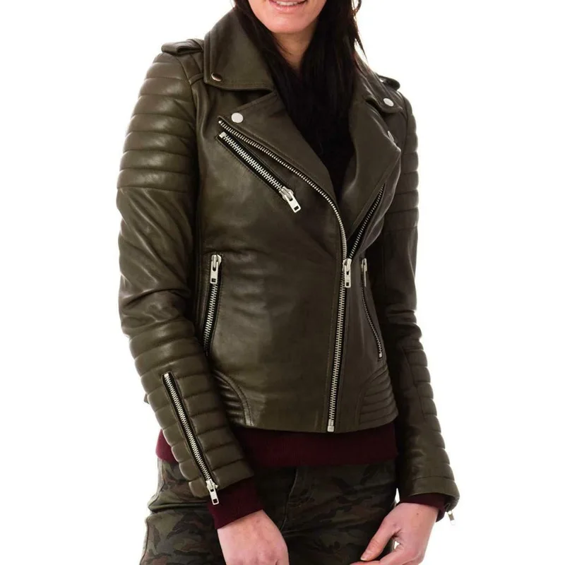 Women's Lambskin Premium 100% Leather Jacket Biker Stylish Slim Fit Green Jacket