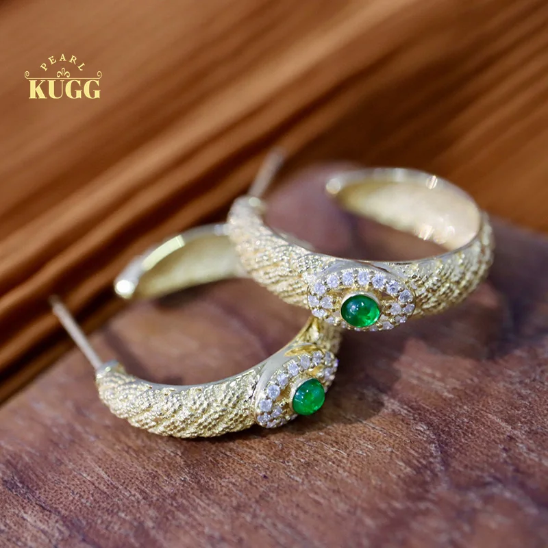 

KUGG 18K Yellow Gold Earrings Vintage Palace Style Real Diamond Natural Emerald Earrings&Ring for Women High Party Jewelry Set