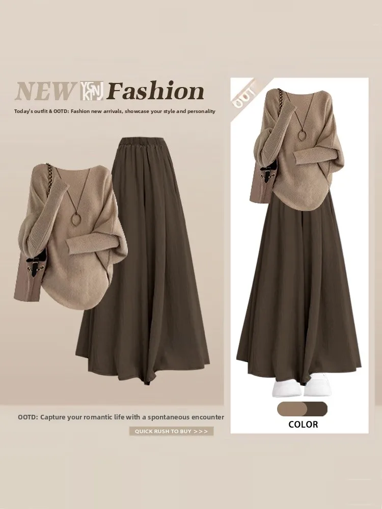 

Ladies Knitted Sweater High Waist Wide Leg Pants Two Piece Set Winter Loose Sle Slimming Faionable Casual Wear for Women