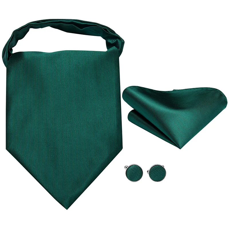 Green Solid Silk Ascot Cravat Tie Scrunch Self British style Gentleman Dress Scarves Ties Wedding Party Ascot Hanky Set Hi-Tie