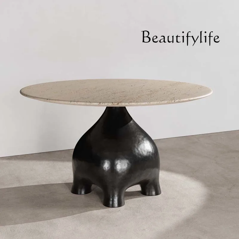 

French retro style fiberglass round table design creative household medieval cream style imitation travertine dining table