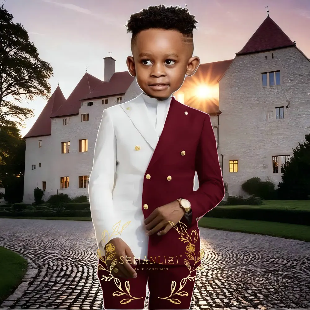 

White And Burgundy Suits For Boys Party Fashion Child Double Breasted Blazer Pants 2 Pieces Homecoming School Uniform