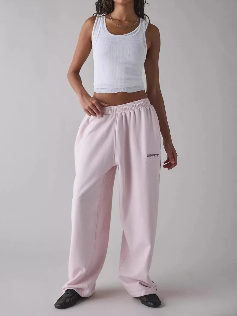 Pantalon de sport rose Y2k pour femmes, Baggy avec lettres brodées, gris, décontracté, jambes larges, basique, droit, rayé, survêtement