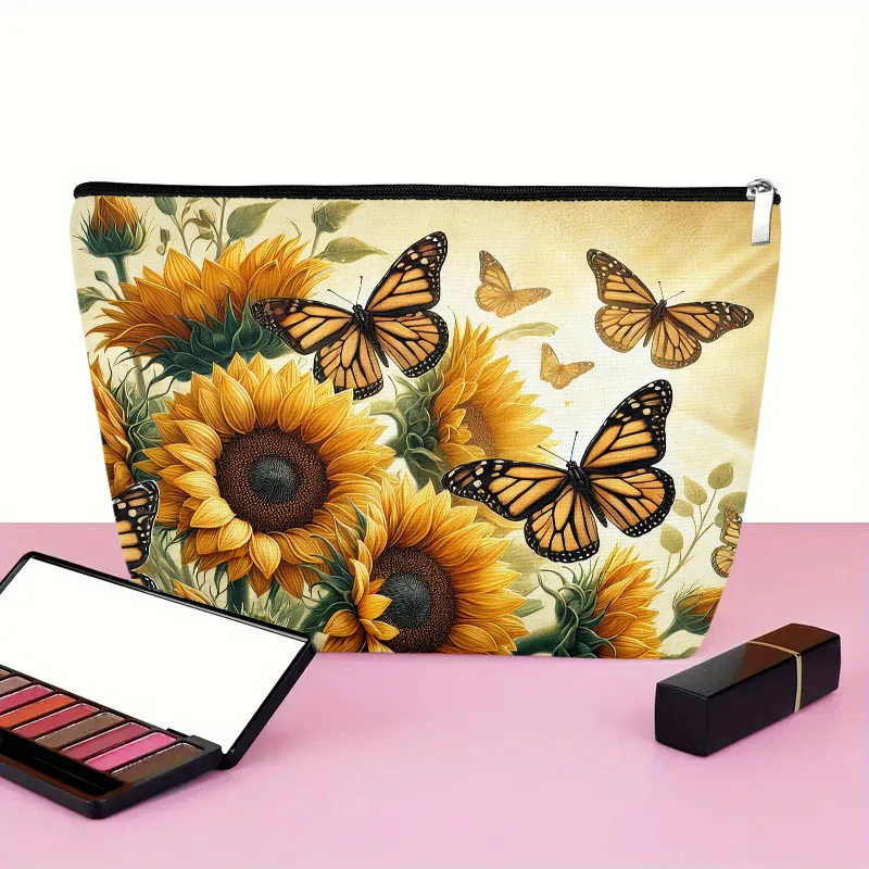 Un sac de maquillage tournesol et papillon – joli sac multifonctionnel à fermeture éclair pour femmes, sac de rangement de bijoux