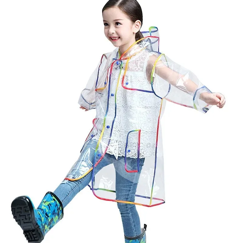 

Transparent Rainbow Colorful Edge Kids Raincoat Waterproof eva Children Windproof Rain Coat Jacket With Hood Boys Girls Poncho