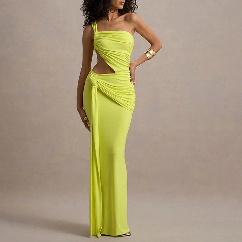 Sexy Hollow Out Pleat Beach Cover-up Dress Fashion One-shoulder Solid Color Evening Dress Elegant Sleeveless Bodycon Long Dress