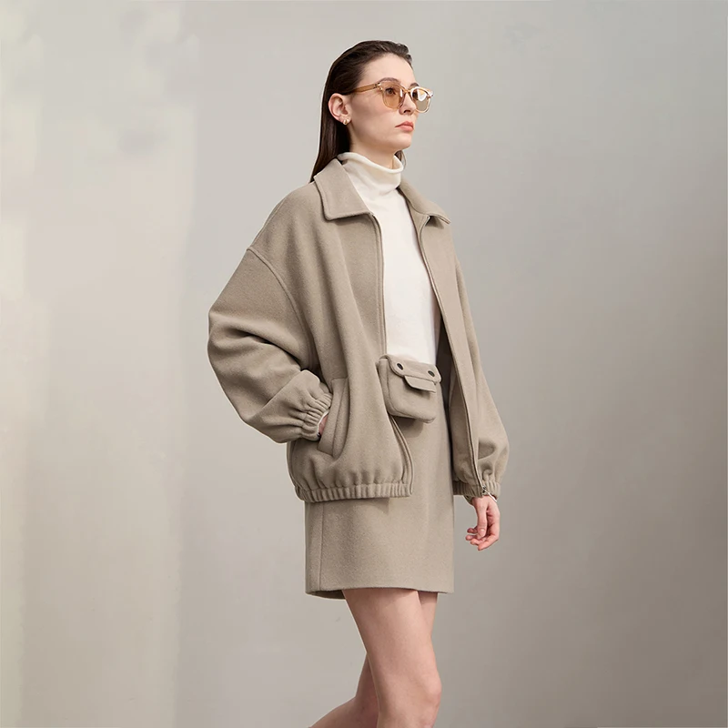 Jaket Wanita AMII 2025 Musim Dingin Minimalis Ritsleting Lengan Panjang Jaket Rok Mini Polos Elegan Longgar Pakaian Wanita 12524027